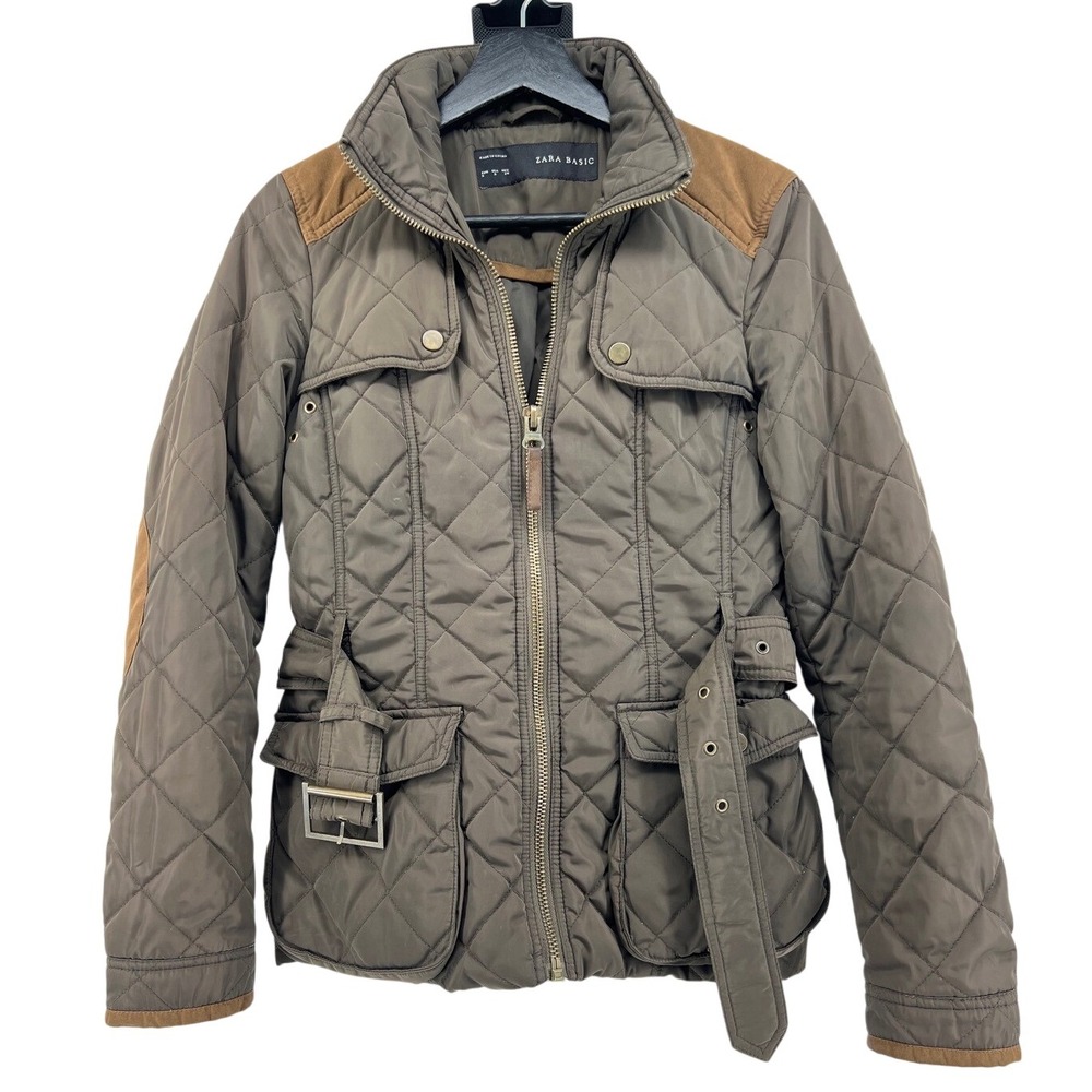 Zara Basic Quilted Jacket Brown Suede Accents Bel… - image 1